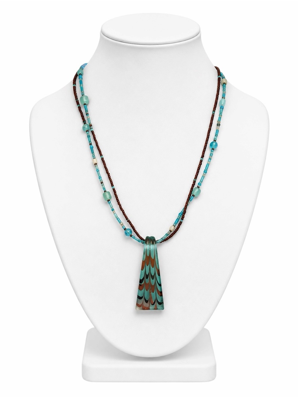 Artisan Style Blue Brown Beaded Strand Necklace Blown Glass Pendant